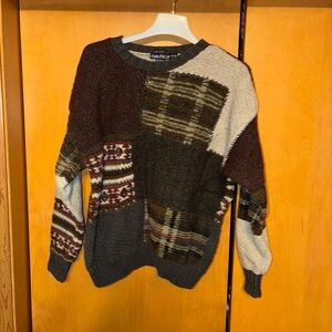 Vintage 90s Nautica Hand Knit Sweater Patchwork Chunky Wool - mens size XL